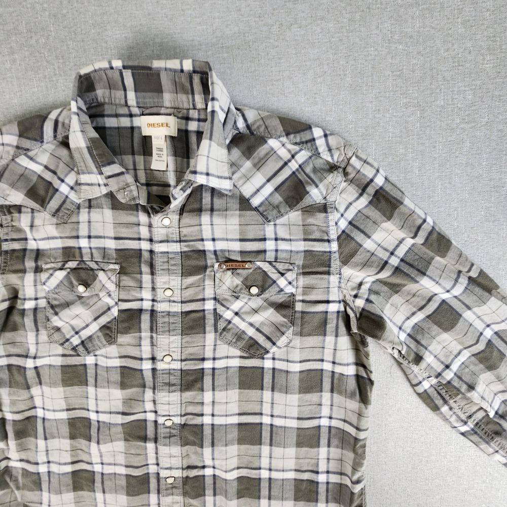 VTG Y2K Diesel Mens Large Western Snap Button Plaid Shirt Olive White Grunge